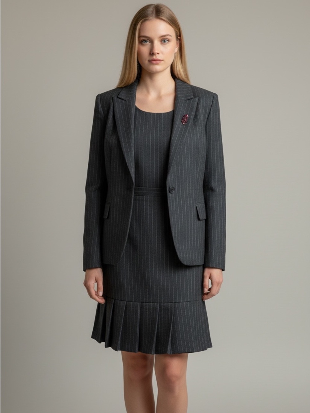 Tahari 3 Piece Tailored Charcoal Pinstripe Skirt Suit with Pink Satin Lining